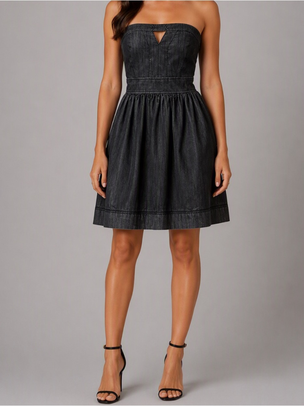 Calvin Klein Strapless Black Denim A-Line Dress with Notch